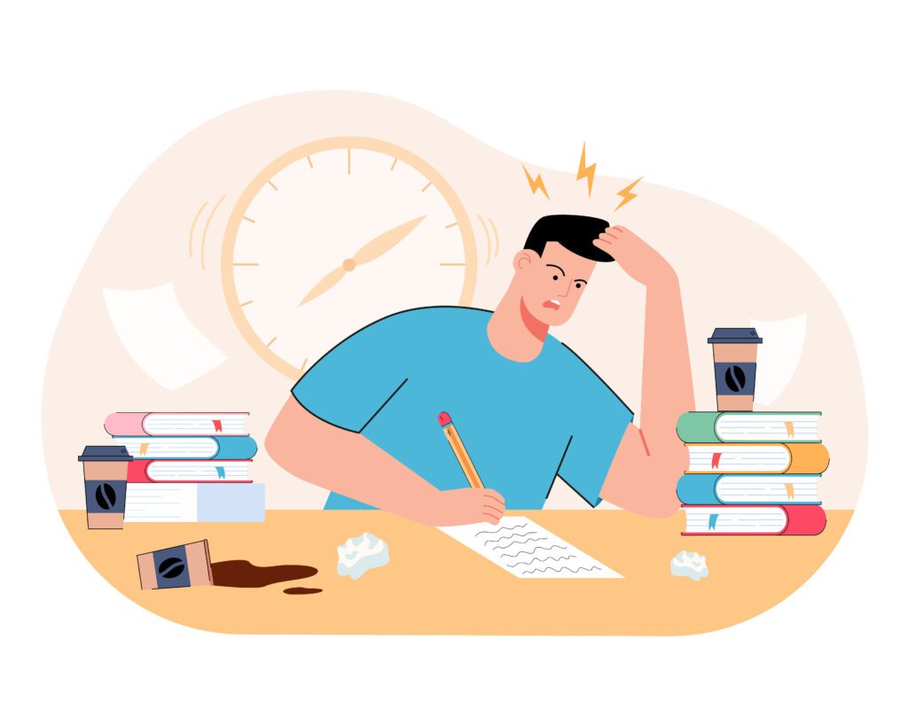 Illustration vectorielle conceptuelle d'un élève stressé par ses révisions. 